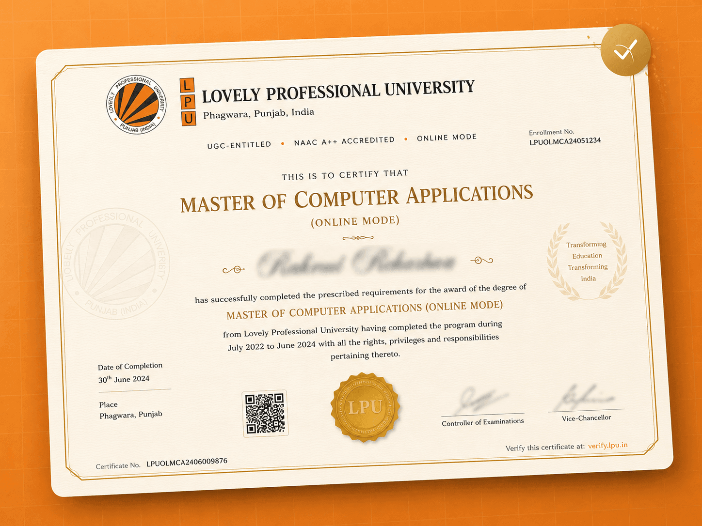 LPU Online MBA Degree Certificate